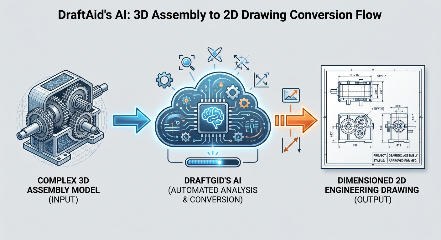 Flowchart showing DraftAid converting a 3D model into an annotated 2D blueprint