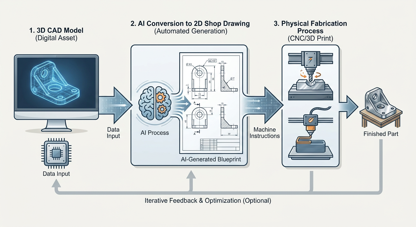 Flowchart showing the transition from 3D CAD model to AI-generated 2D shop drawing to physical fabrication
