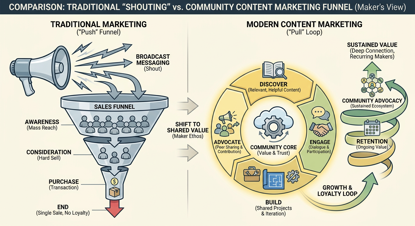 Comparison of traditional marketing 'shouting' vs. modern 'community-based' content marketing funnel