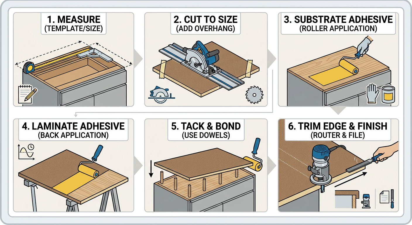 Step-by-step breakdown of a laminate countertop installation including measurement, cutting, and adhesive application