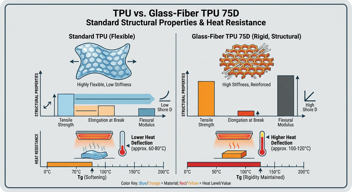 Comparison of standard TPU vs Glass-Fiber TPU 75D structural properties and heat resistance levels