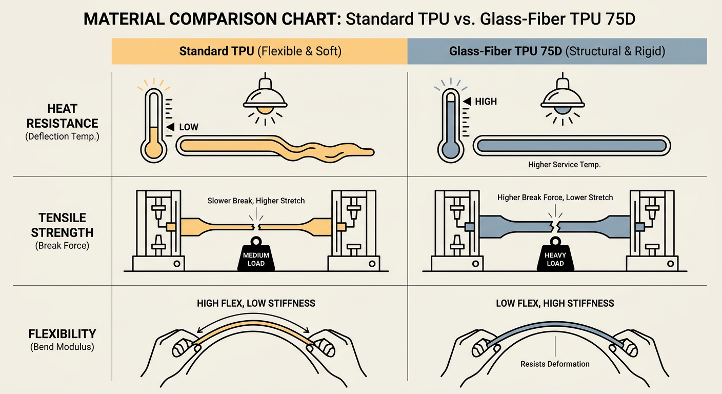 Comparison chart of standard TPU vs Glass-Fiber TPU 75D showing heat resistance, tensile strength, and flexibility
