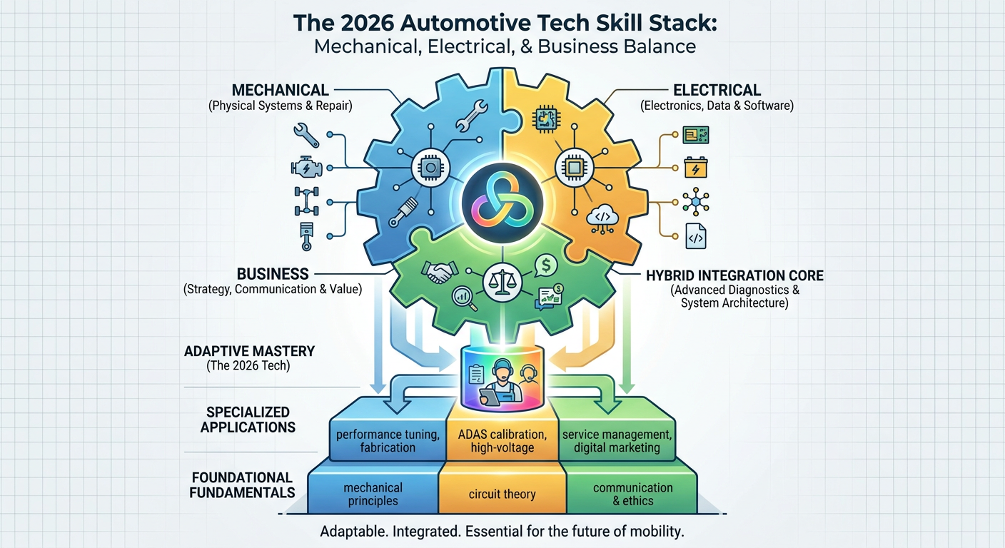 The 2026 Automotive Tech Skill Stack - showing the balance of mechanical, electrical, and business skills