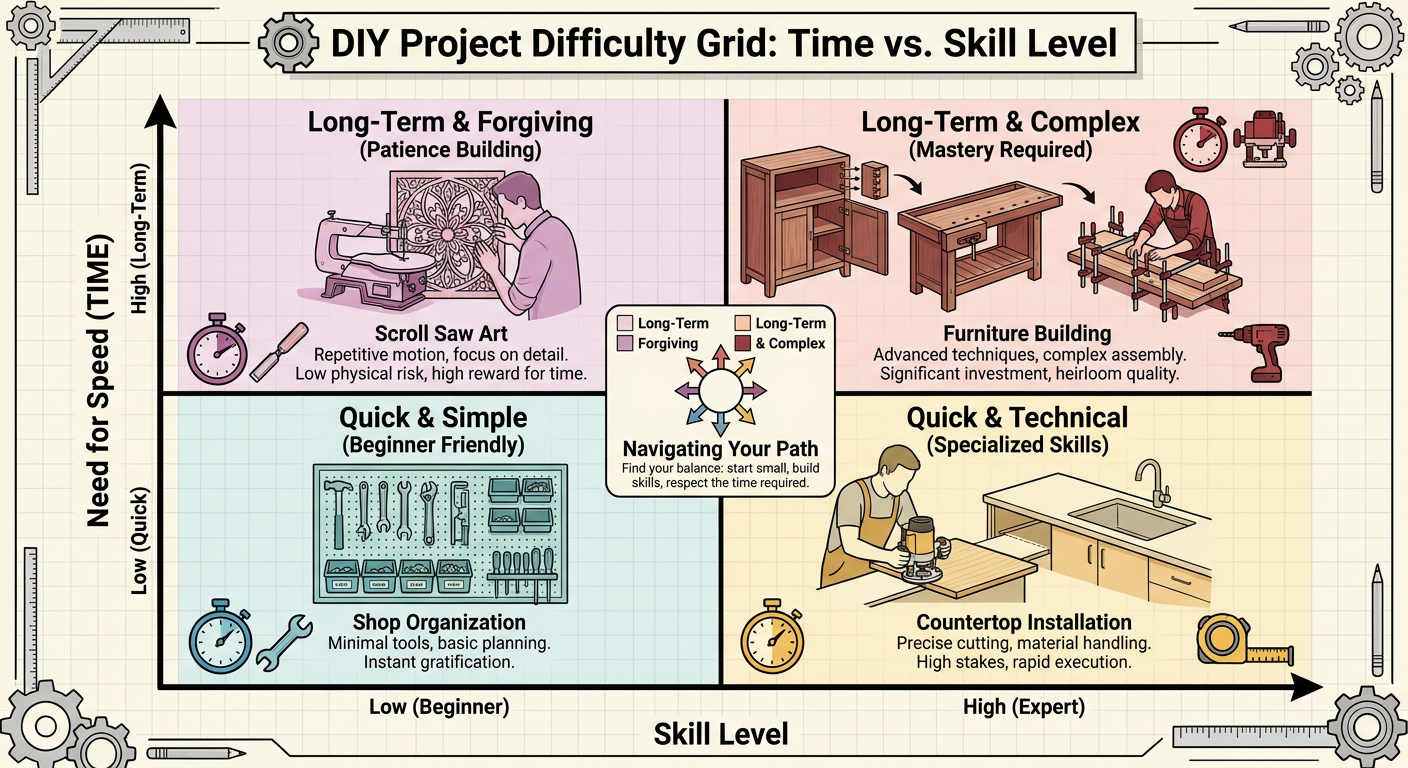 DIY Project Difficulty Grid - comparing scroll saw art, countertop installation, and shop organization in terms of time vs. skill level