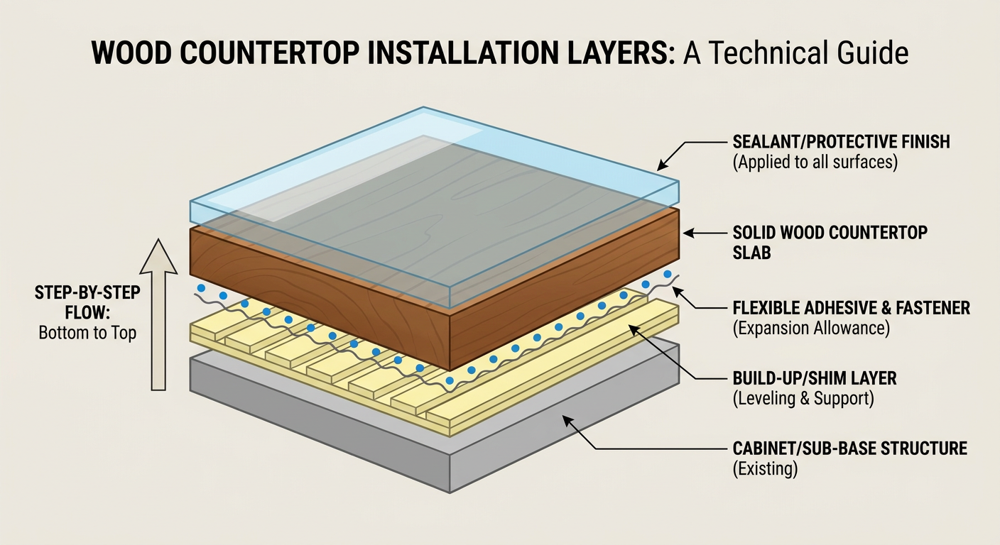 Step-by-step wood countertop installation layers from sub-base to sealant