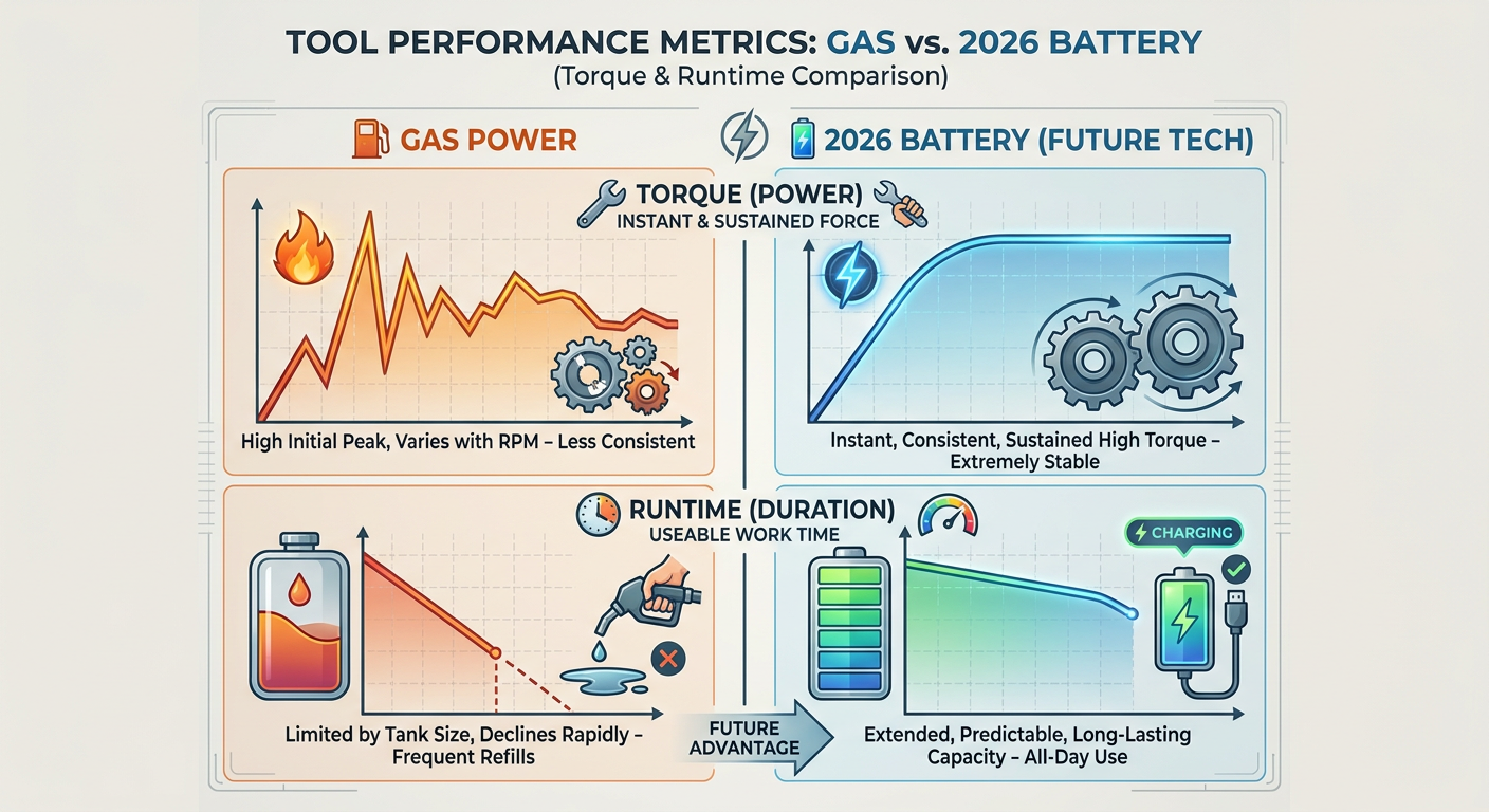 Comparison chart of Gas vs. 2026 Battery Tool Performance Metrics