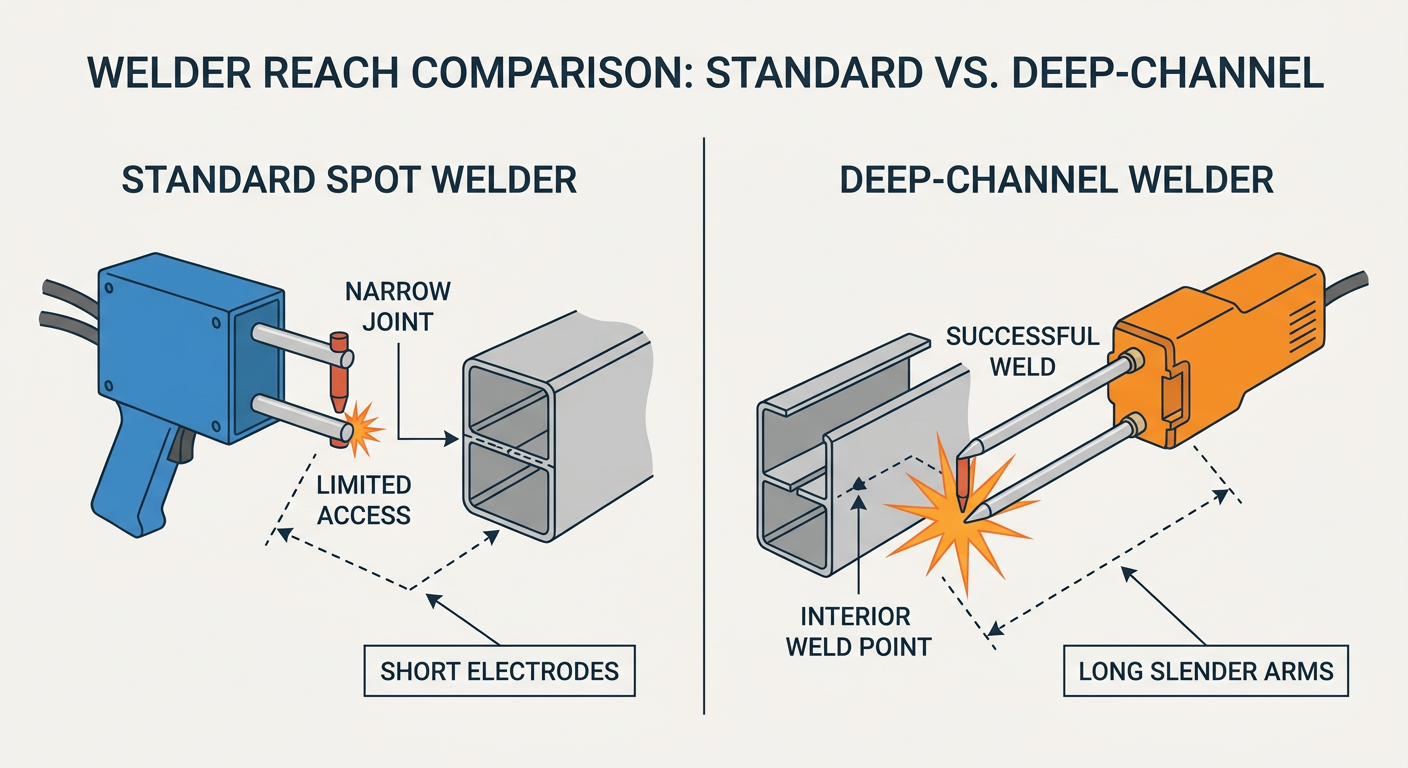 Comparison of standard spot welder reach vs. deep-channel specialized welder