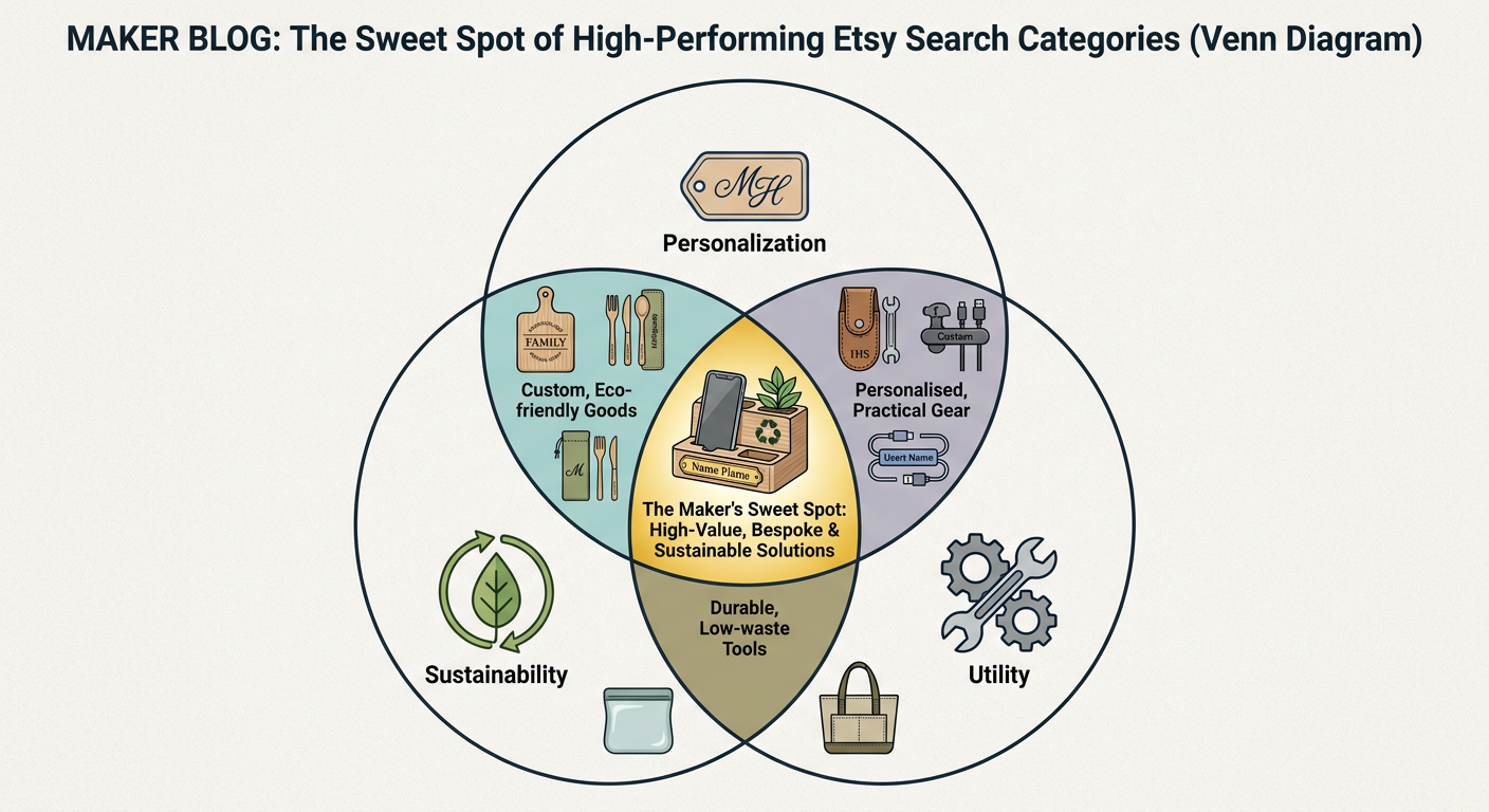 Venn diagram showing intersection of popular Etsy keywords: Personalization, Sustainability, and Utility