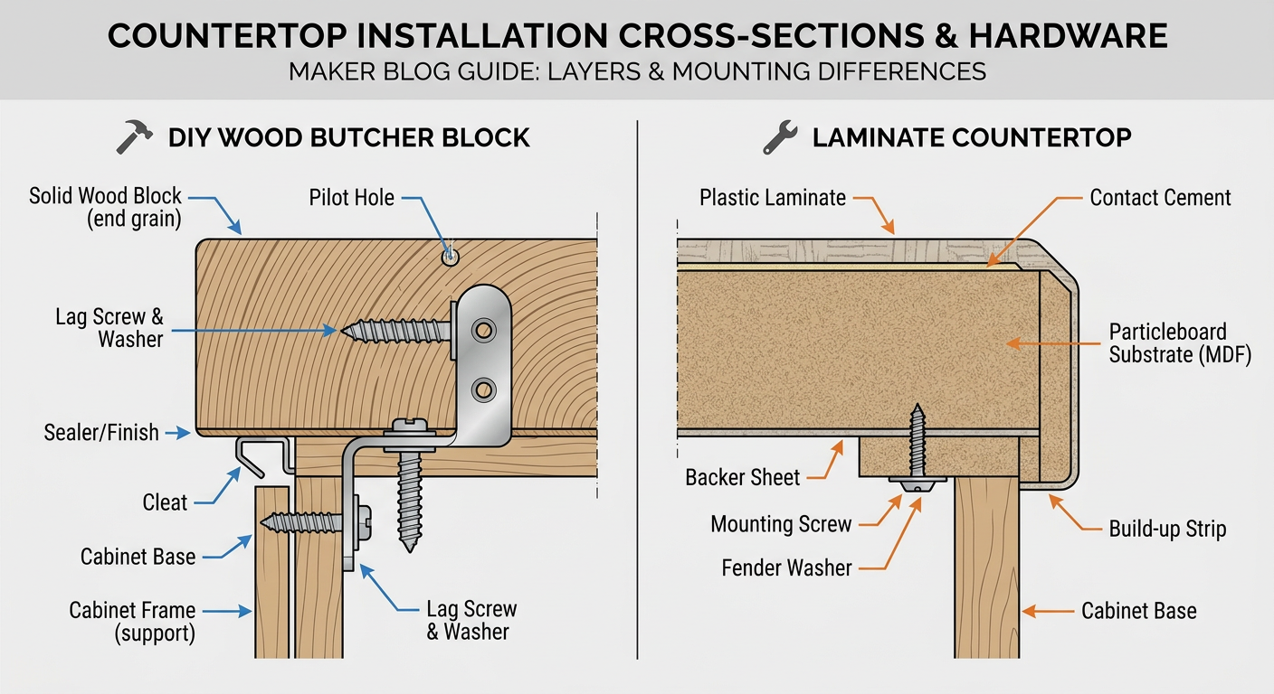 Step-by-step cross-section of a laminate vs. wood countertop installation