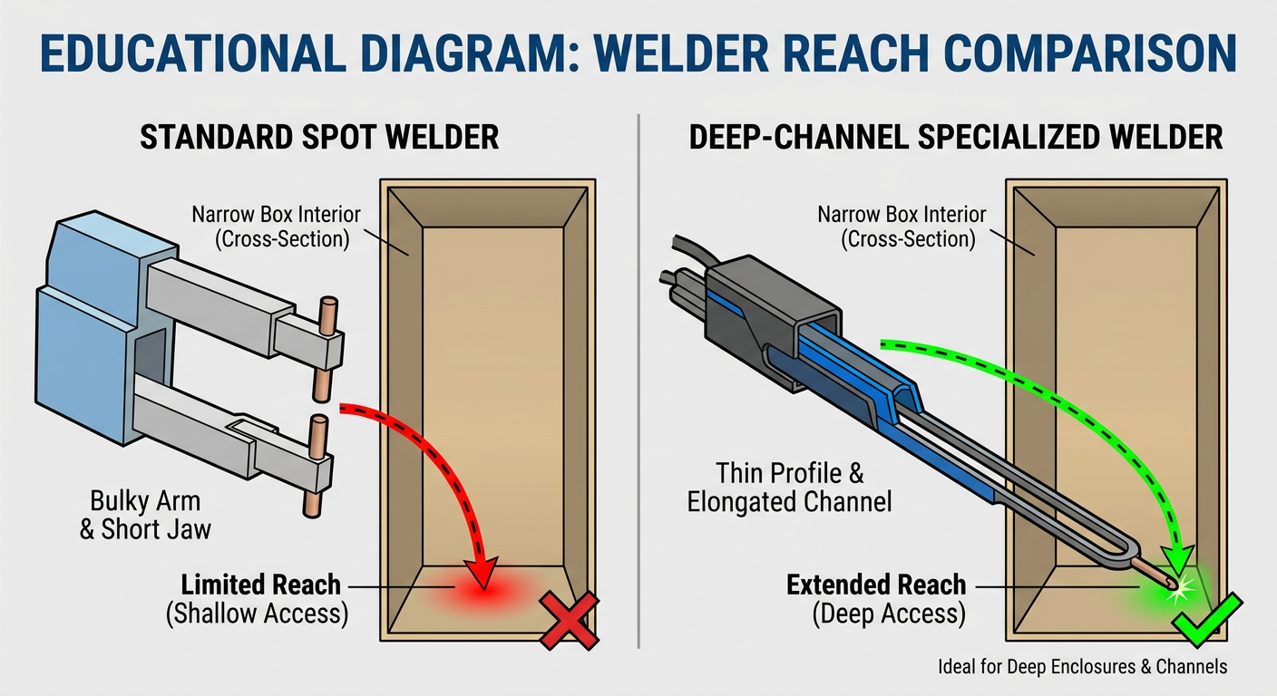 Comparison of standard spot welder reach vs. the new deep-channel specialized welder