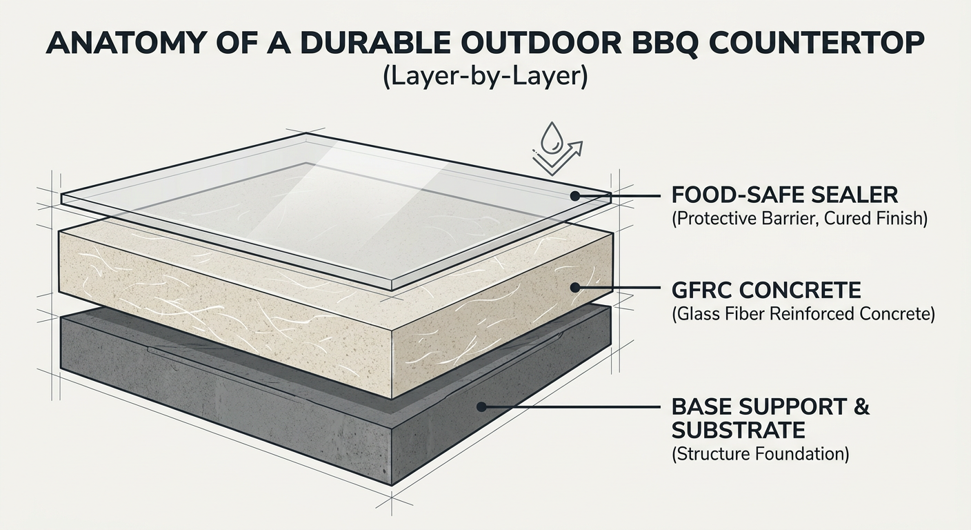 Layer-by-layer anatomy of a durable outdoor kitchen BBQ countertop