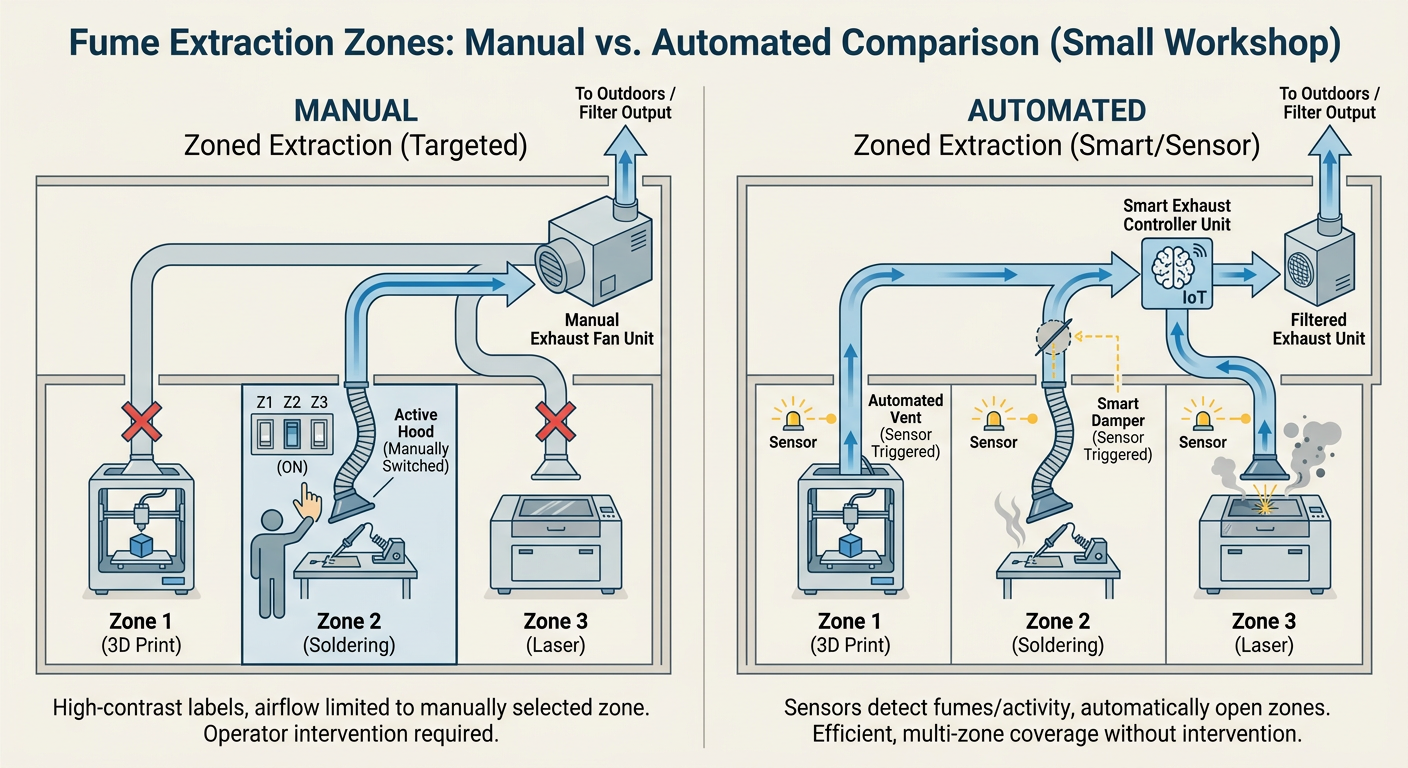 Comparison of manual vs. automated fume extraction zones in a small workshop