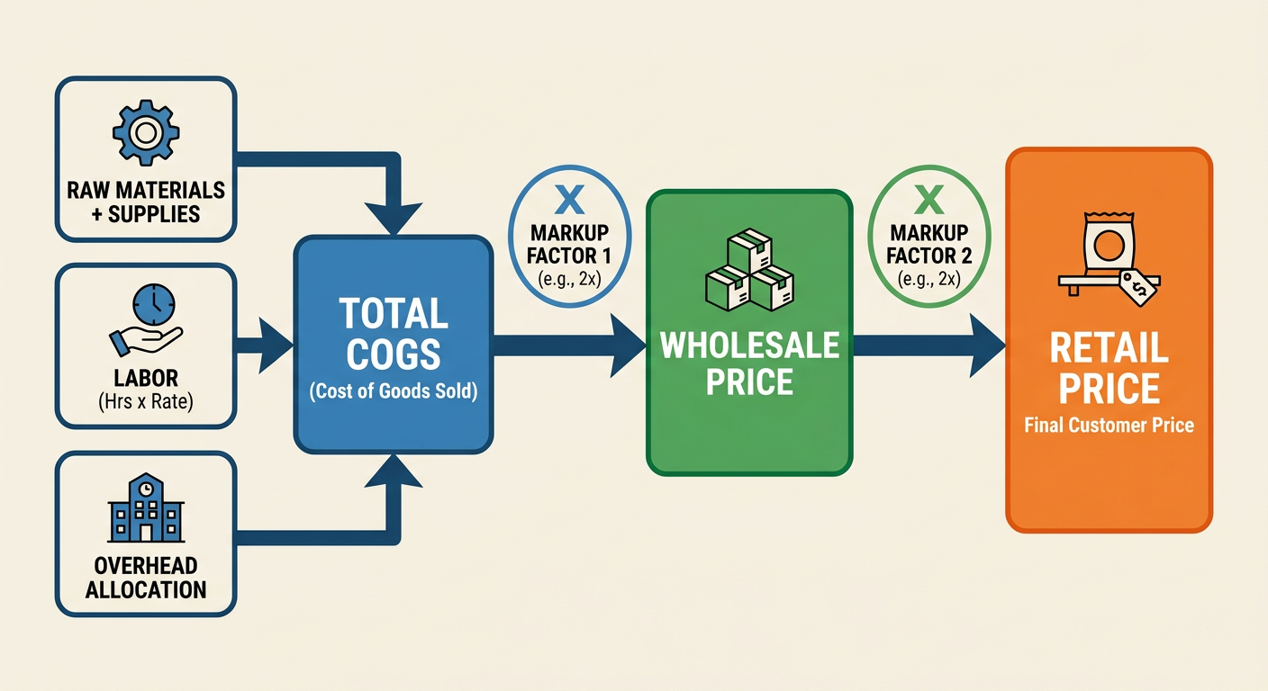 Flowchart of the 'Maker Mogul' pricing formula from Raw Materials to Retail Price