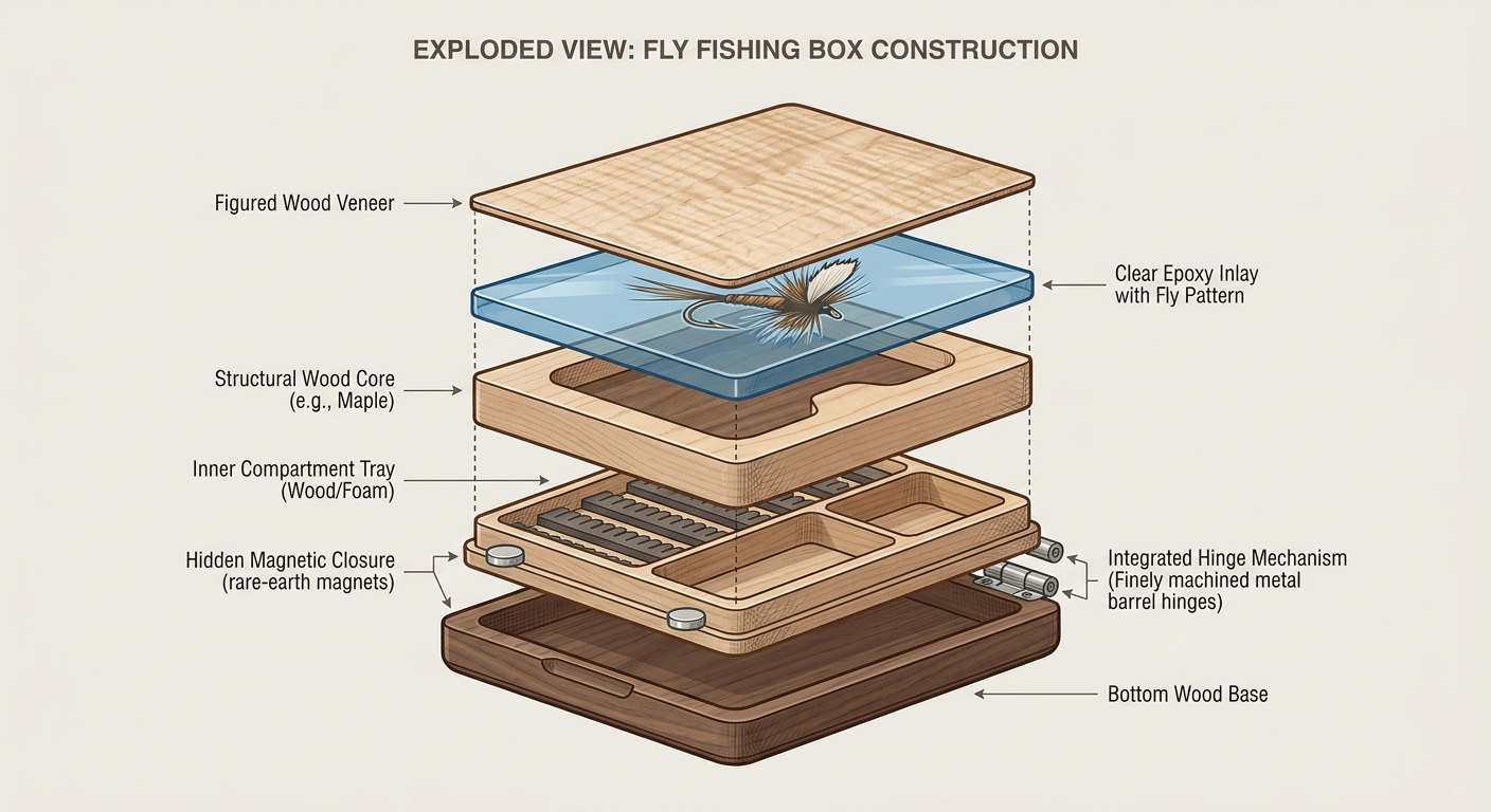 Exploded view of a Fly Fishing Box construction