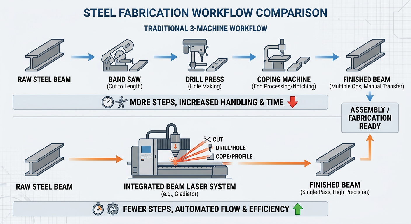 Comparison of traditional vs. integrated beam processing workflows