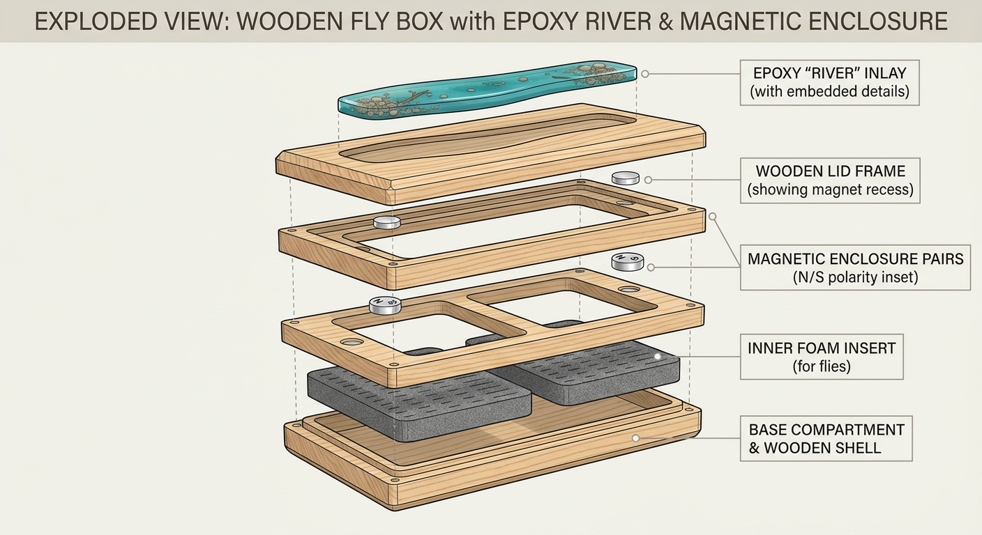 Exploded view of a river-style small box construction