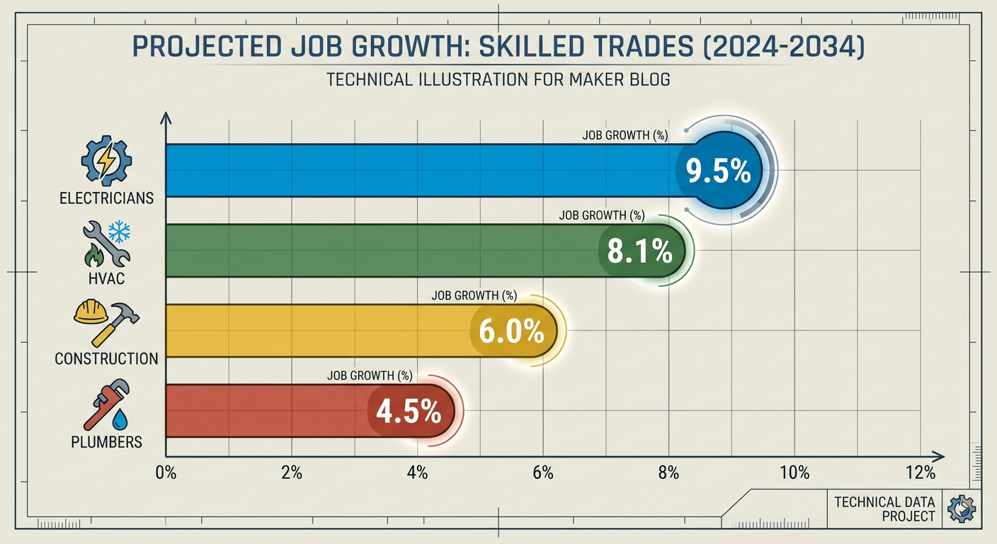 Projected job growth percentages for Electricians, HVAC, Construction, and Plumbing 2024-2034