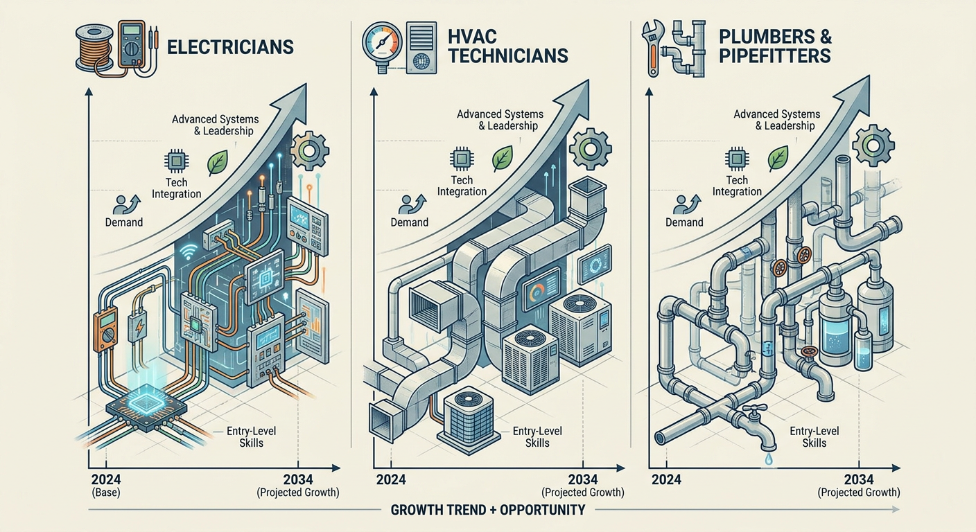 Career growth projection 2024-2034 for Electricians, HVAC, and Plumbers