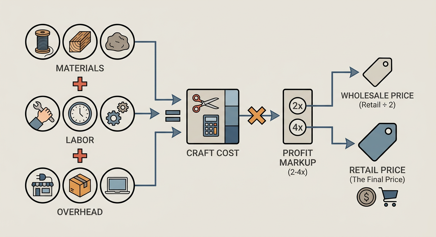 A pricing formula for handmade goods that accounts for materials, labor, and overhead