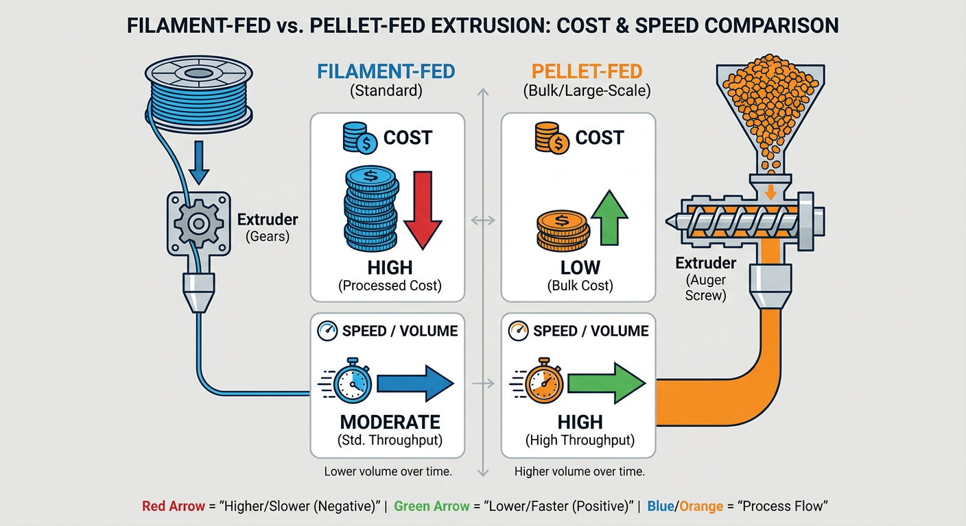 Comparison of filament-fed vs. pellet-fed extrusion costs and speed