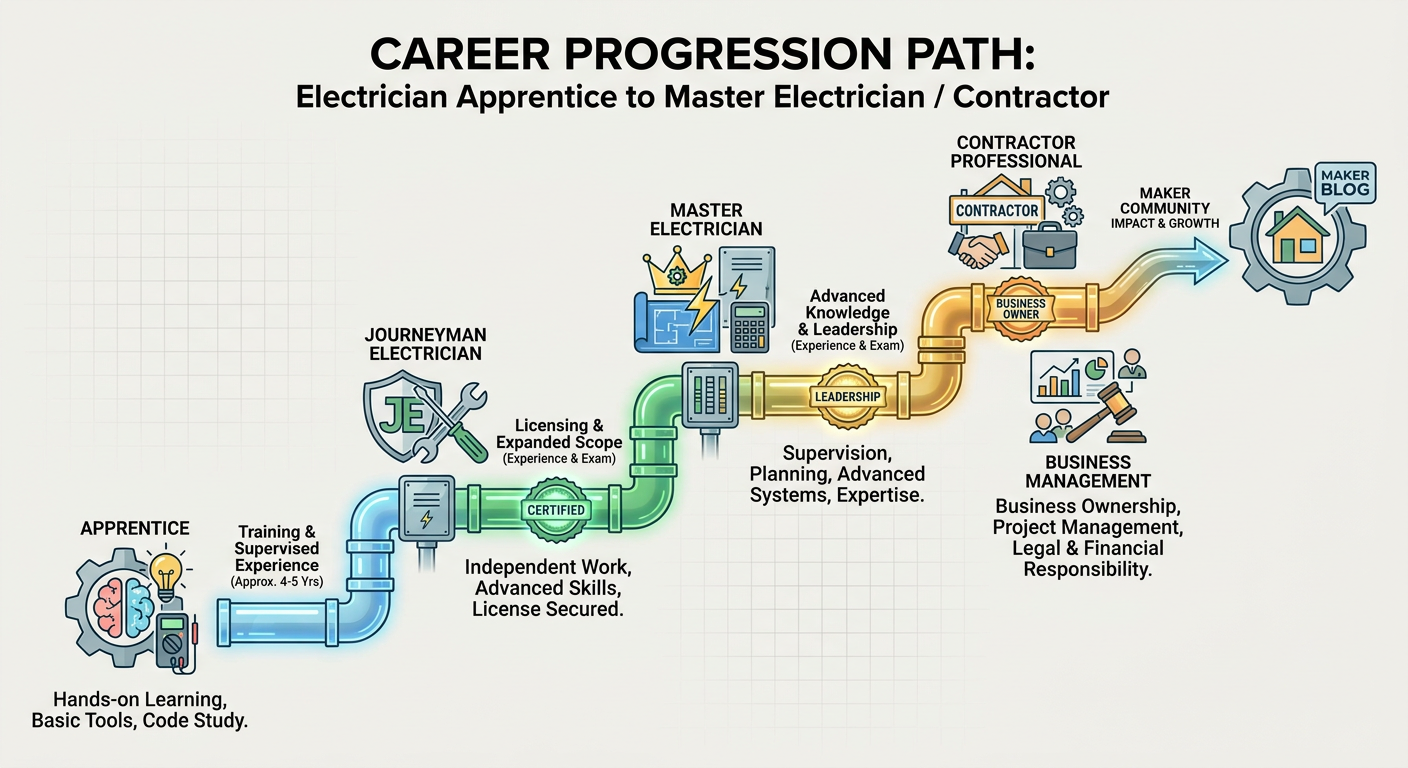 Career progression path from Electrician Apprentice to Master Electrician/Contractor