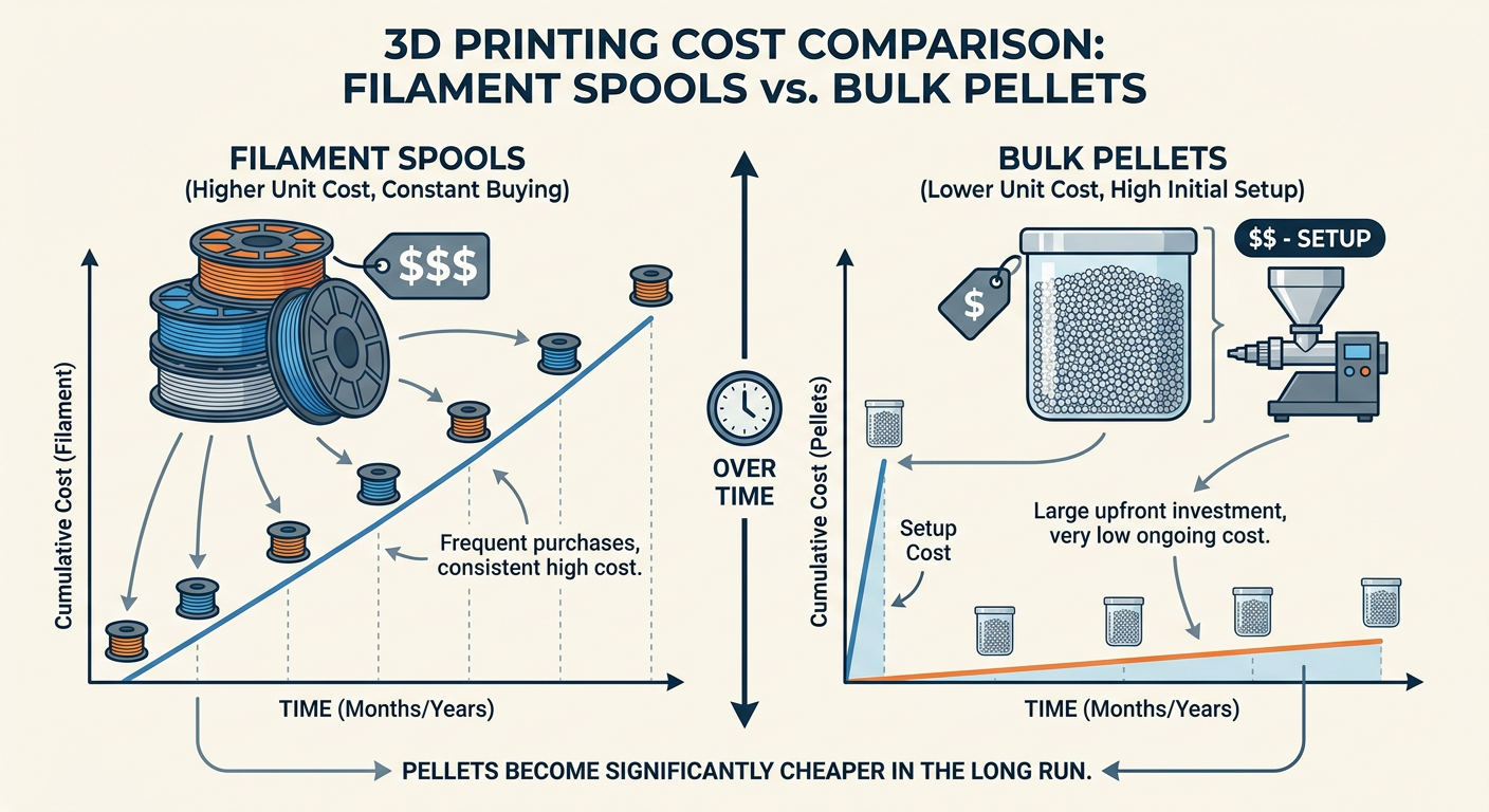 Comparison of Filament vs. Pellet extrusion costs and build volume efficiency
