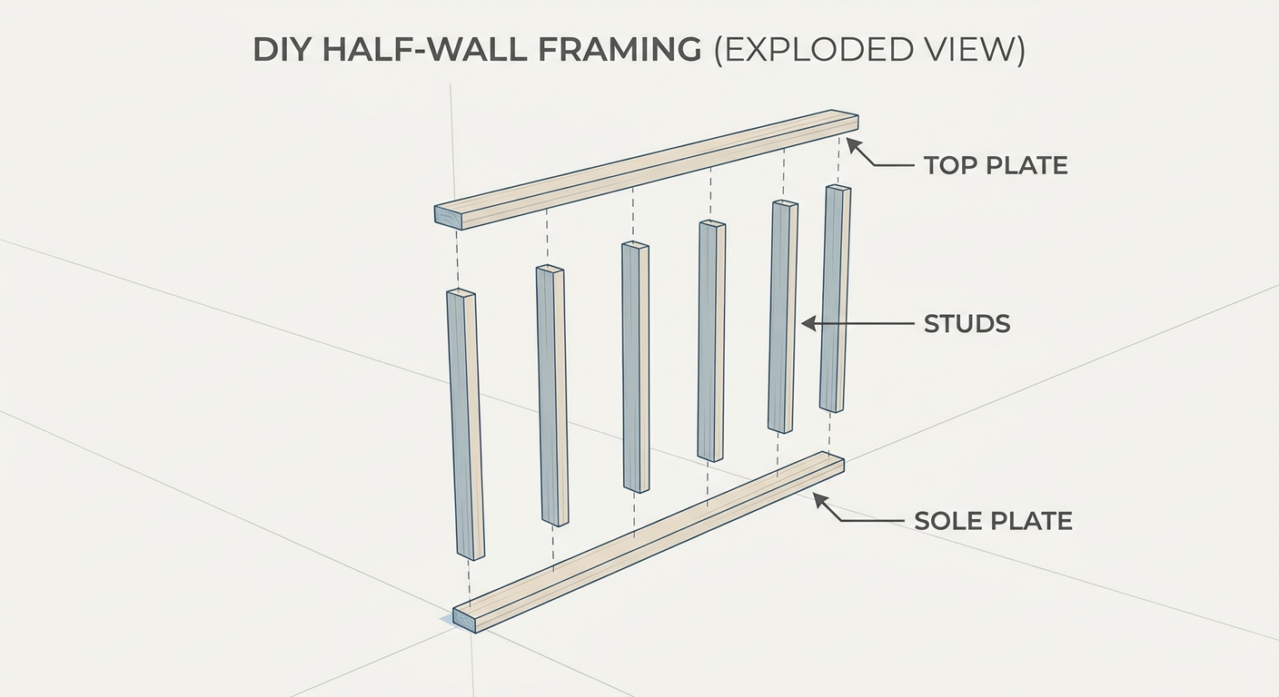 Step-by-step visual of a basic half-wall framing assembly