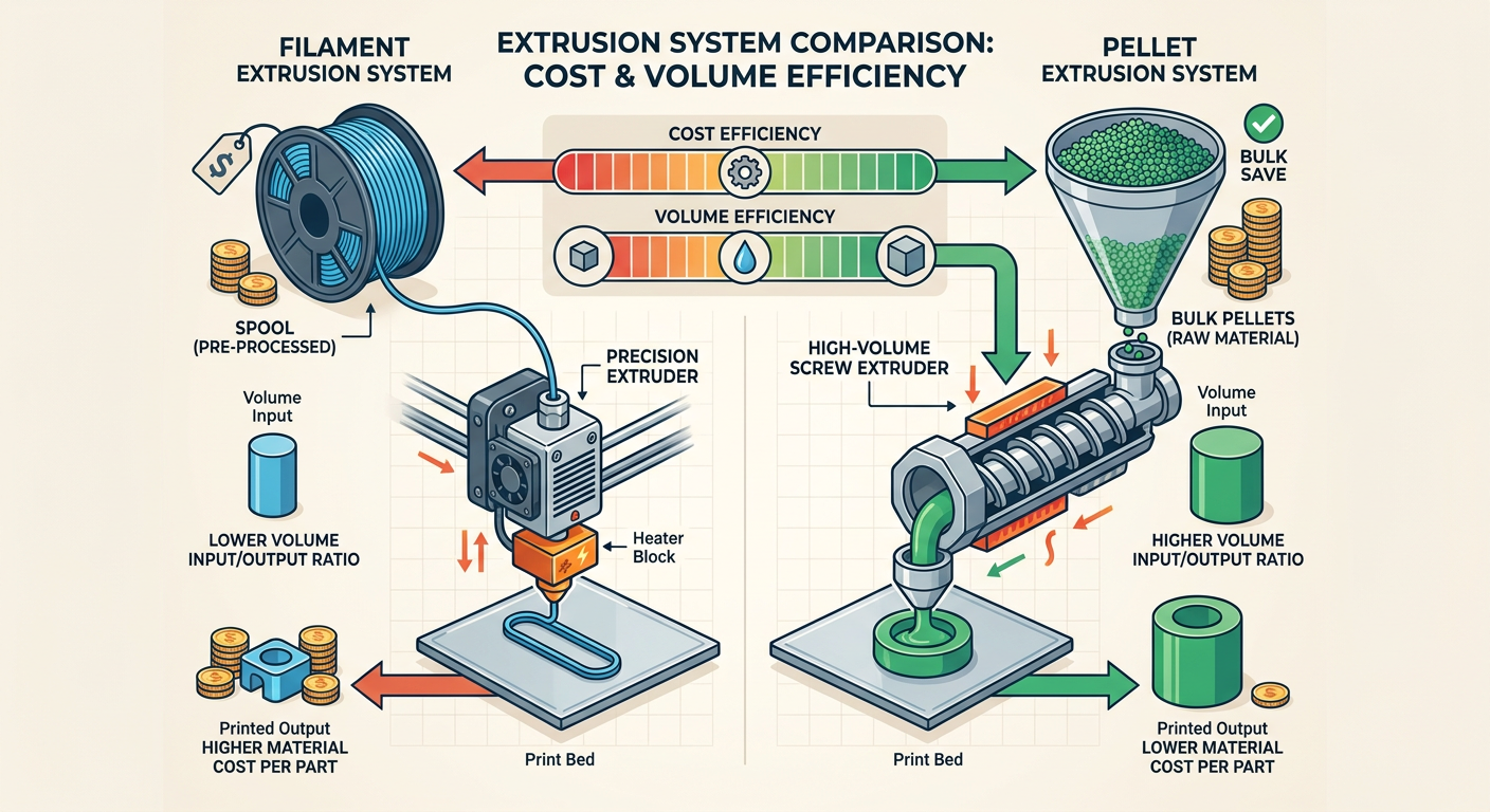Comparison of filament vs. pellet extrusion systems showing cost and volume efficiency