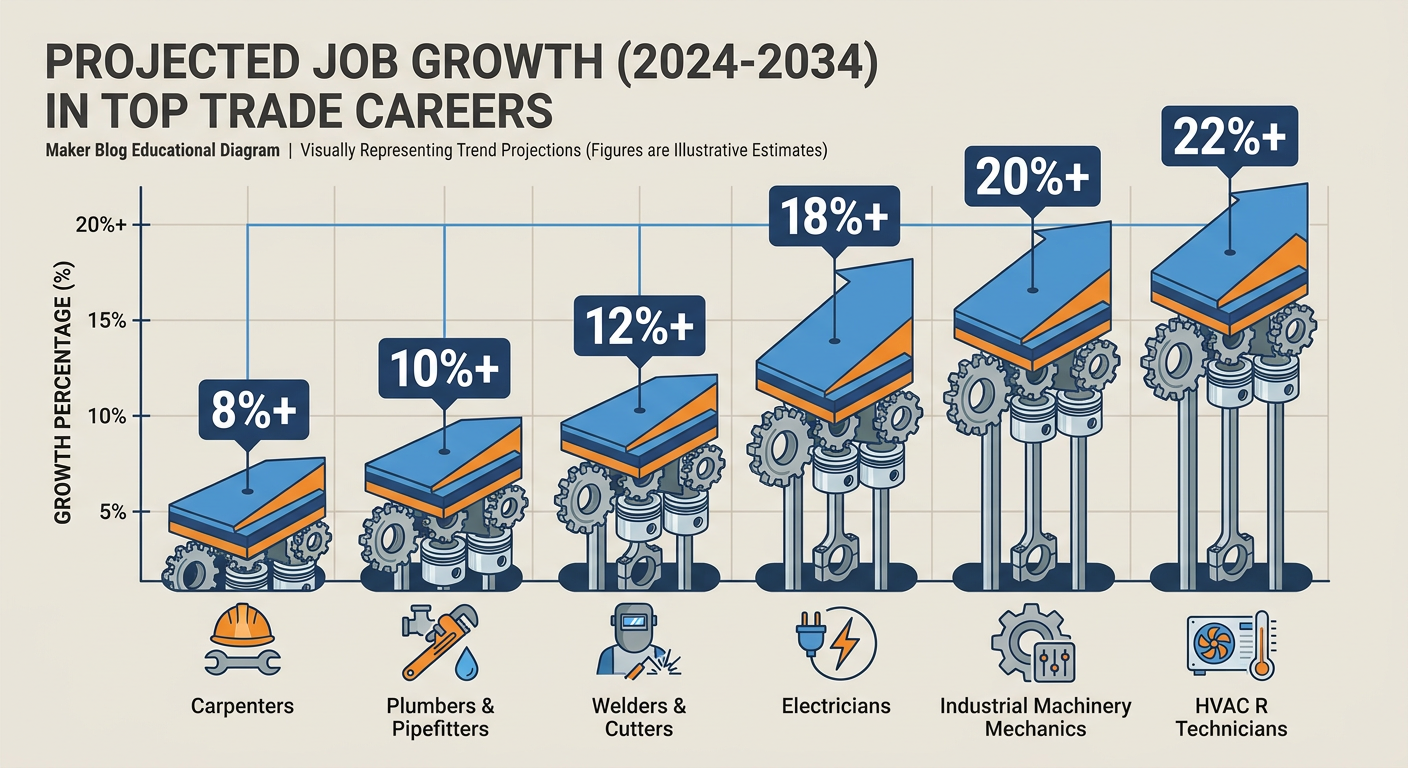 Projected job growth percentages for top trade careers 2024-2034