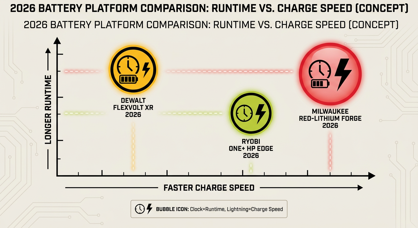Comparison chart of 2026 battery platforms showing runtime vs charge speed for major brands