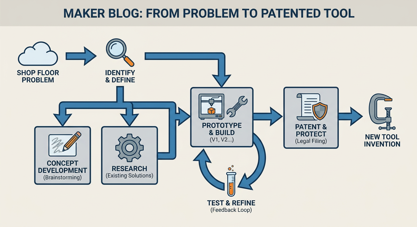 Flowchart from shop floor problem to tool invention and patenting process