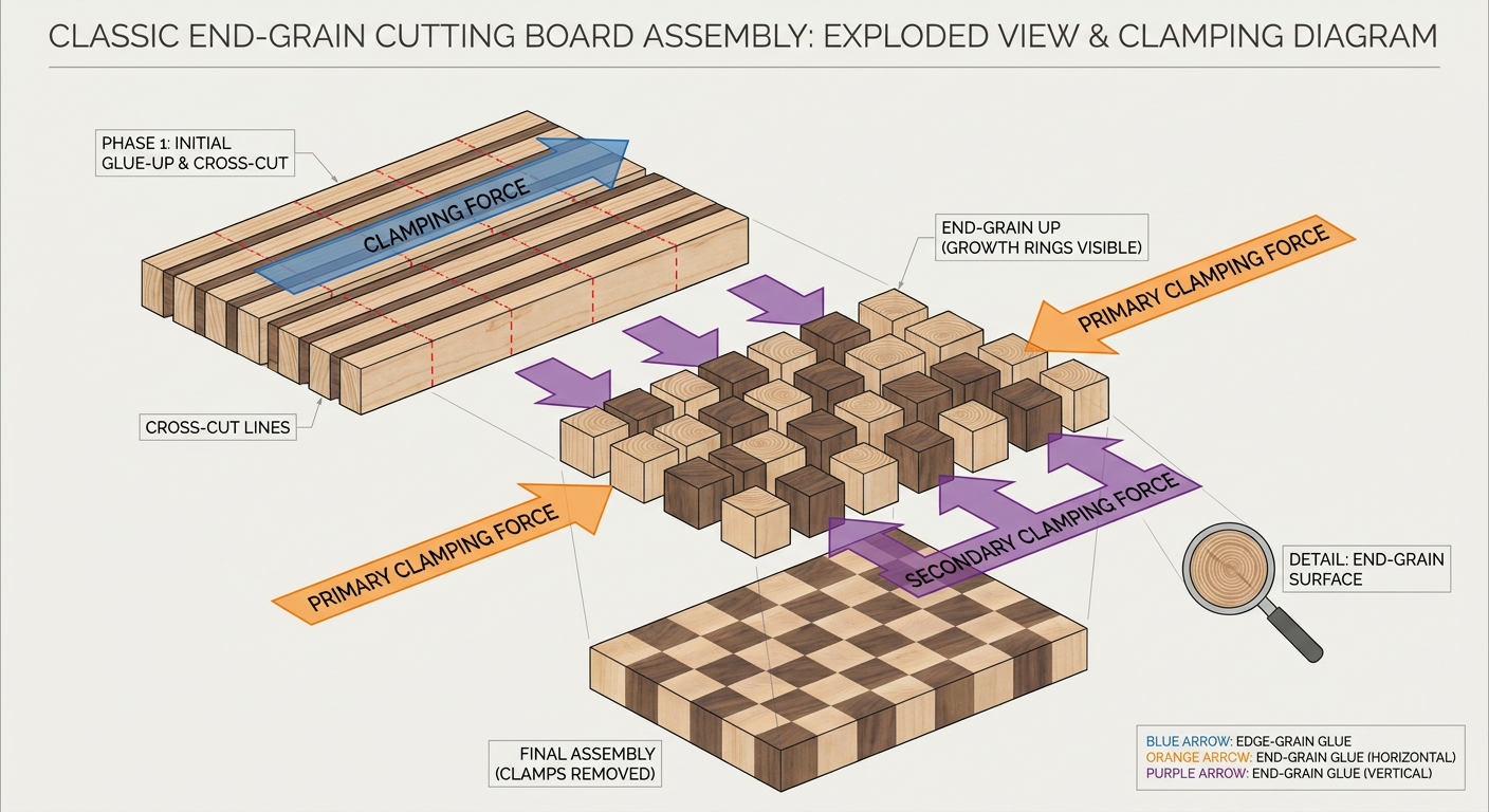 Exploded view of a classic end-grain cutting board assembly