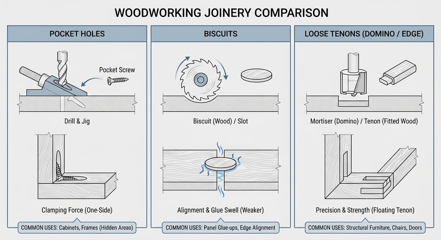 Comparison of common woodworking joinery methods: Pocket holes vs. Biscuits vs. Loose Tenons (Domino/Edge)