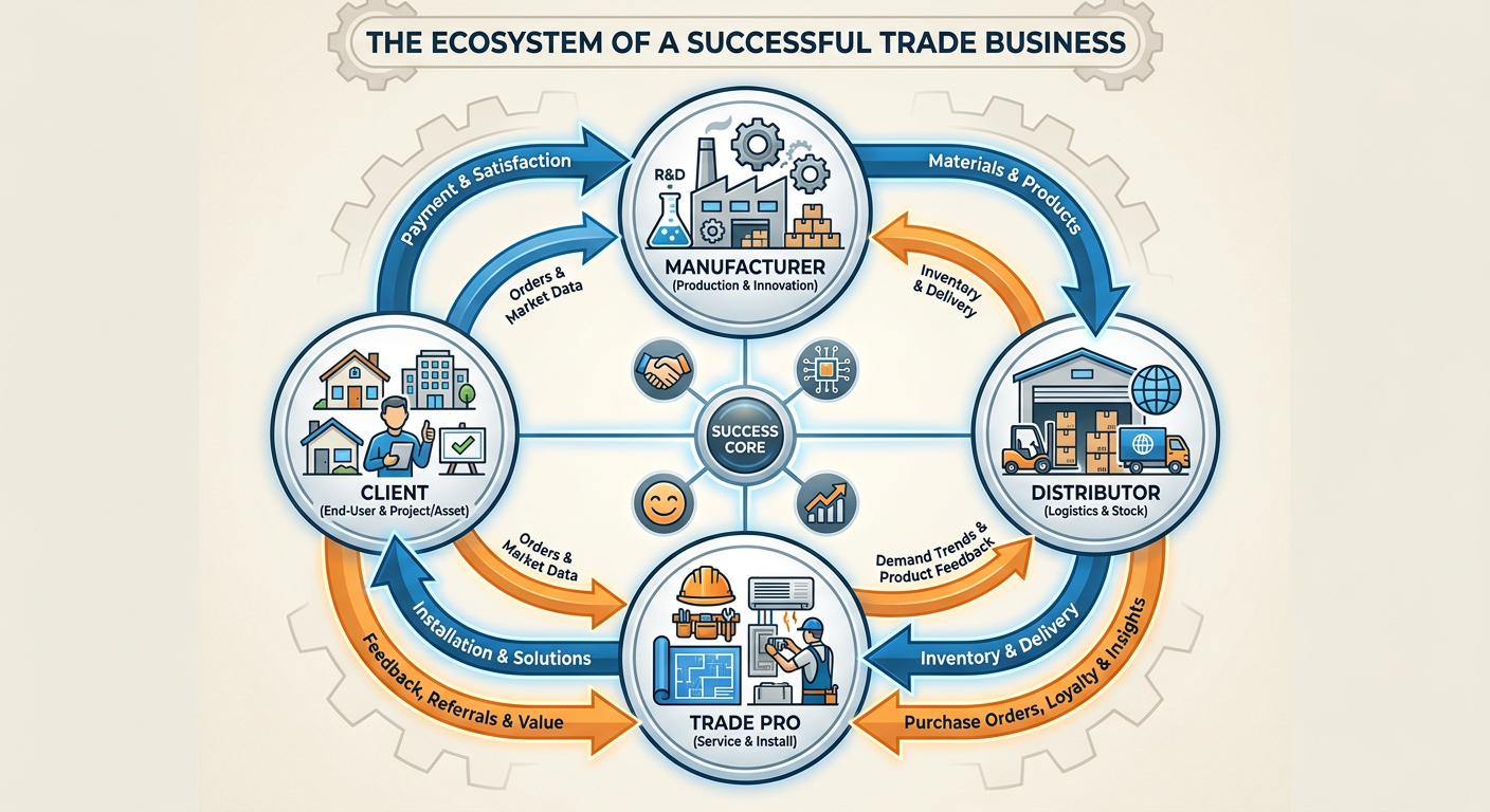 The ecosystem of a successful trade business: Trade Pro, Distributor, Manufacturer, and Client relationship loops
