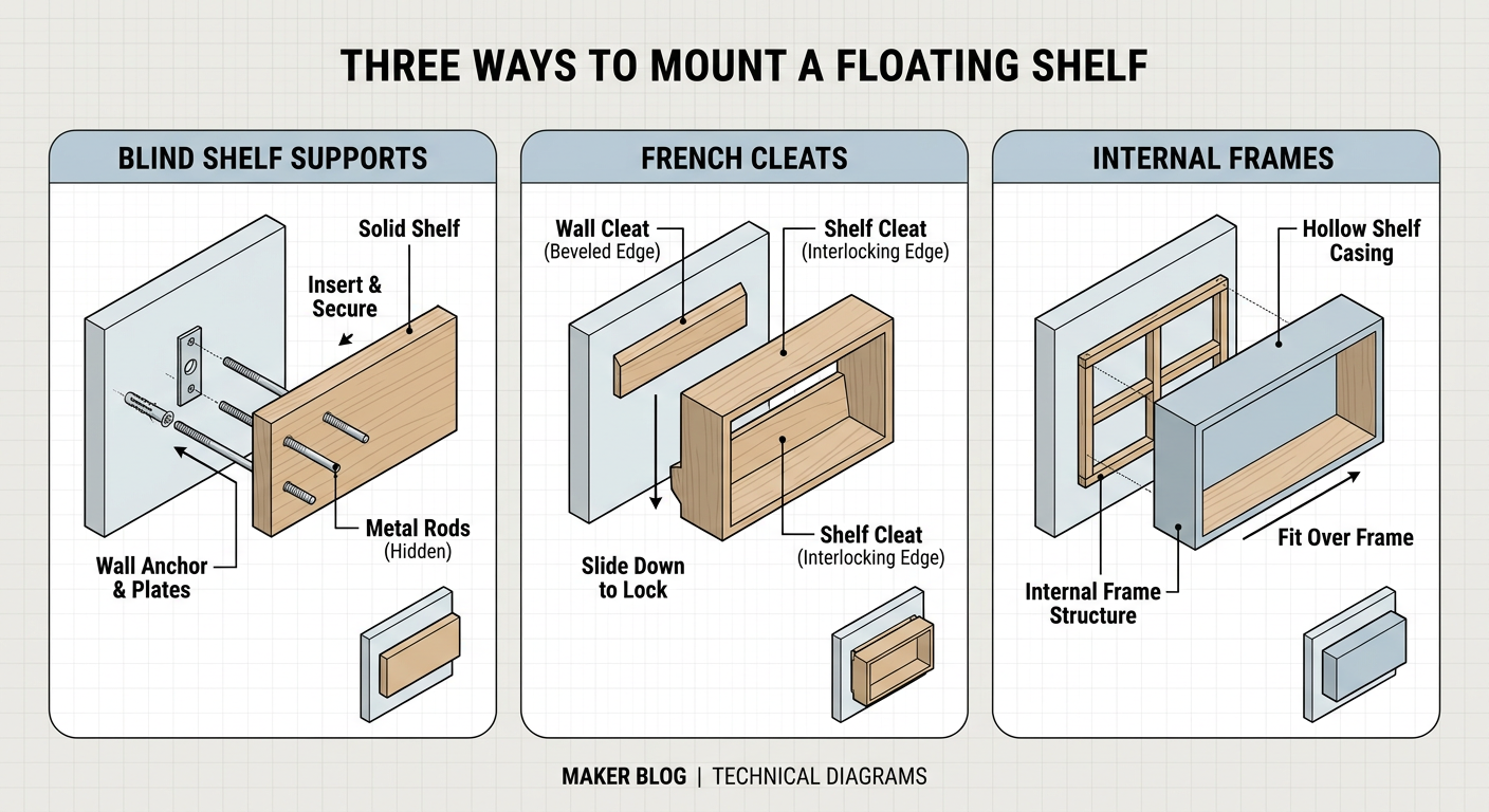 Three ways to mount a floating shelf: Blind shelf supports, French cleats, and internal frames