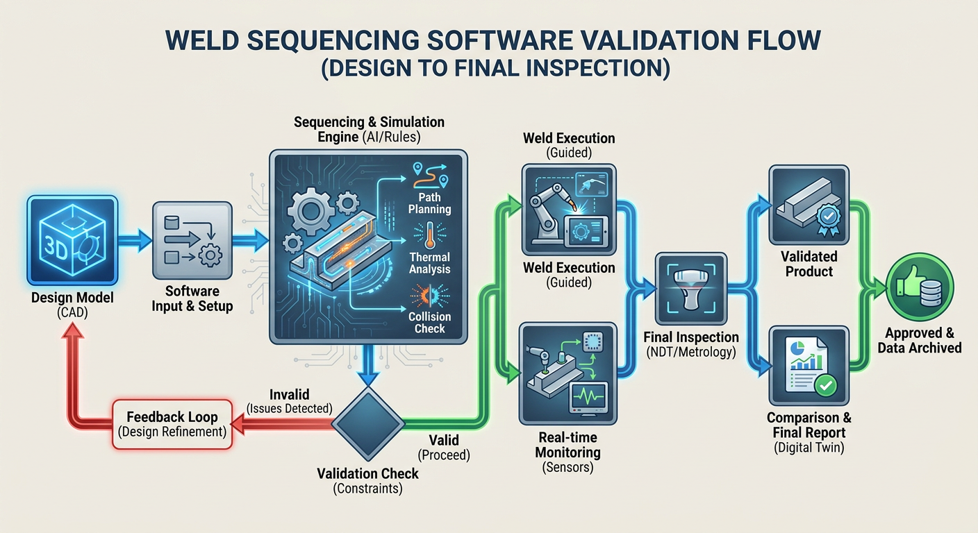 Flowchart showing how weld sequencing software validates steps from design to final inspection