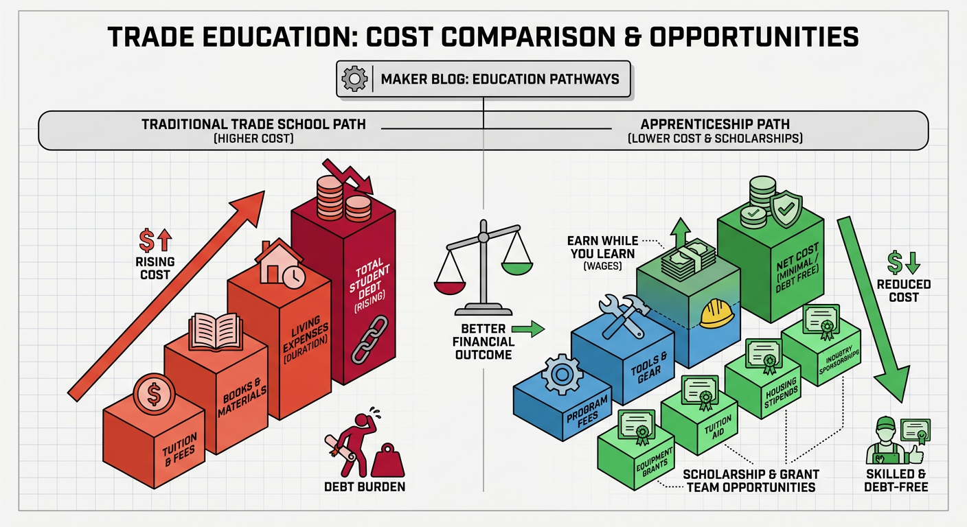 Comparison of traditional trade education costs vs. apprenticeship paths with scholarship opportunities