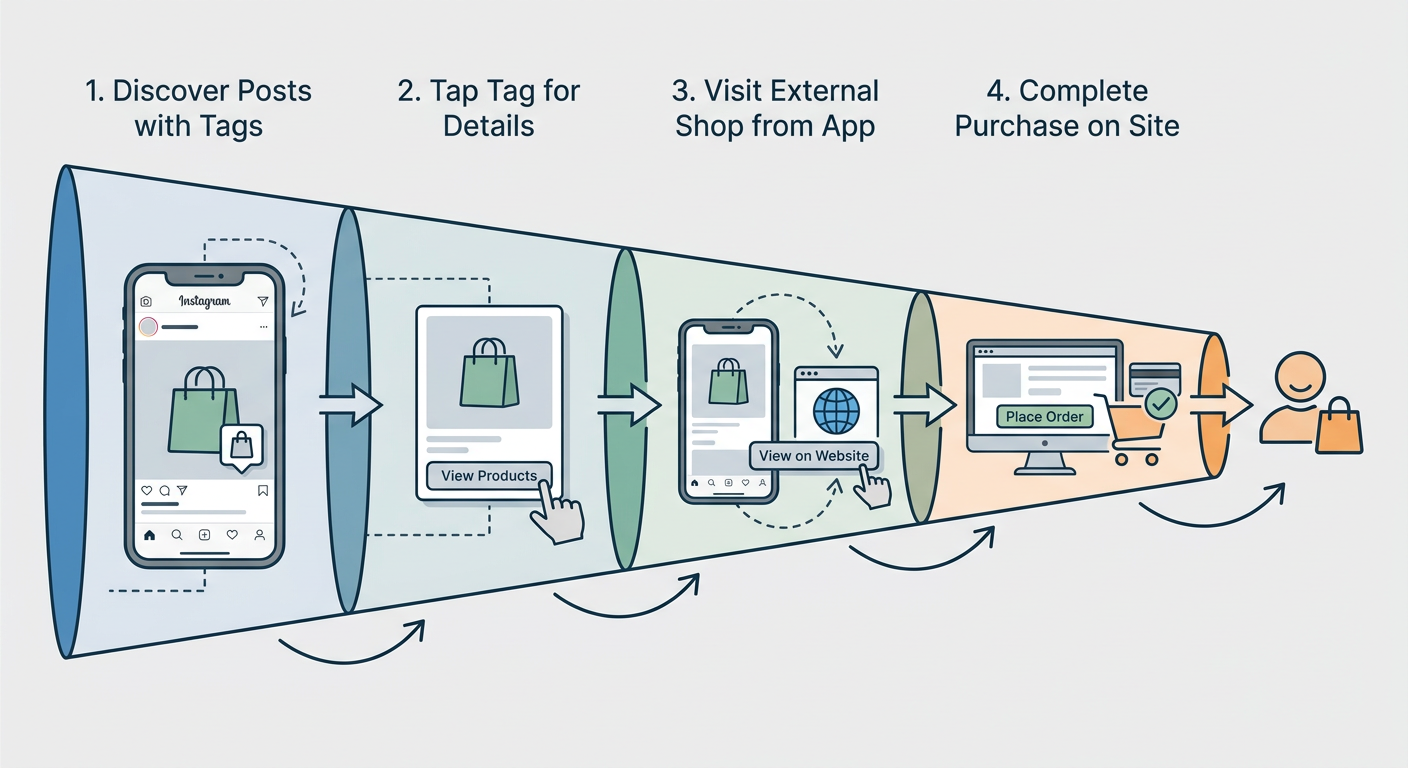 Step-by-step funnel for converting an Instagram follower into a customer using product tags