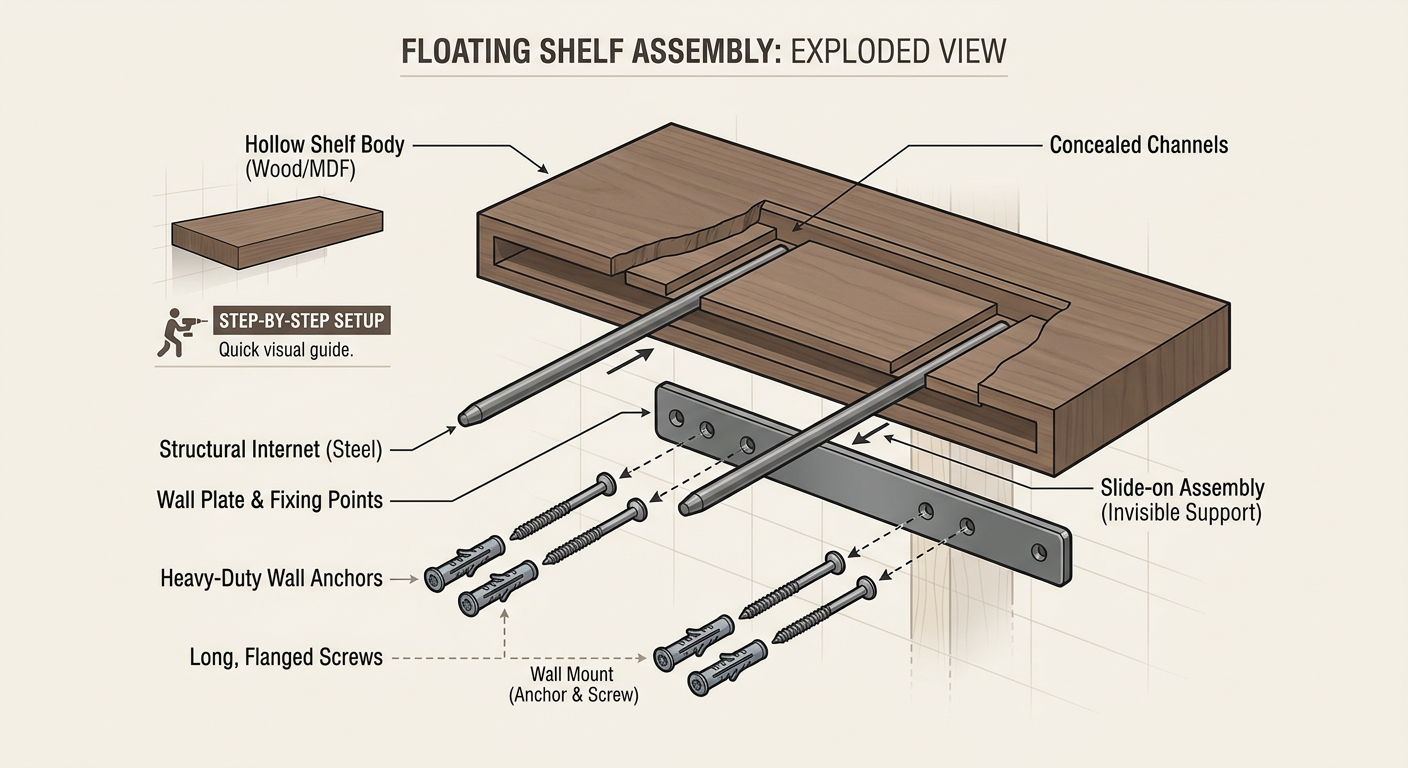 Exploded view of a floating shelf assembly showing internal bracket placement