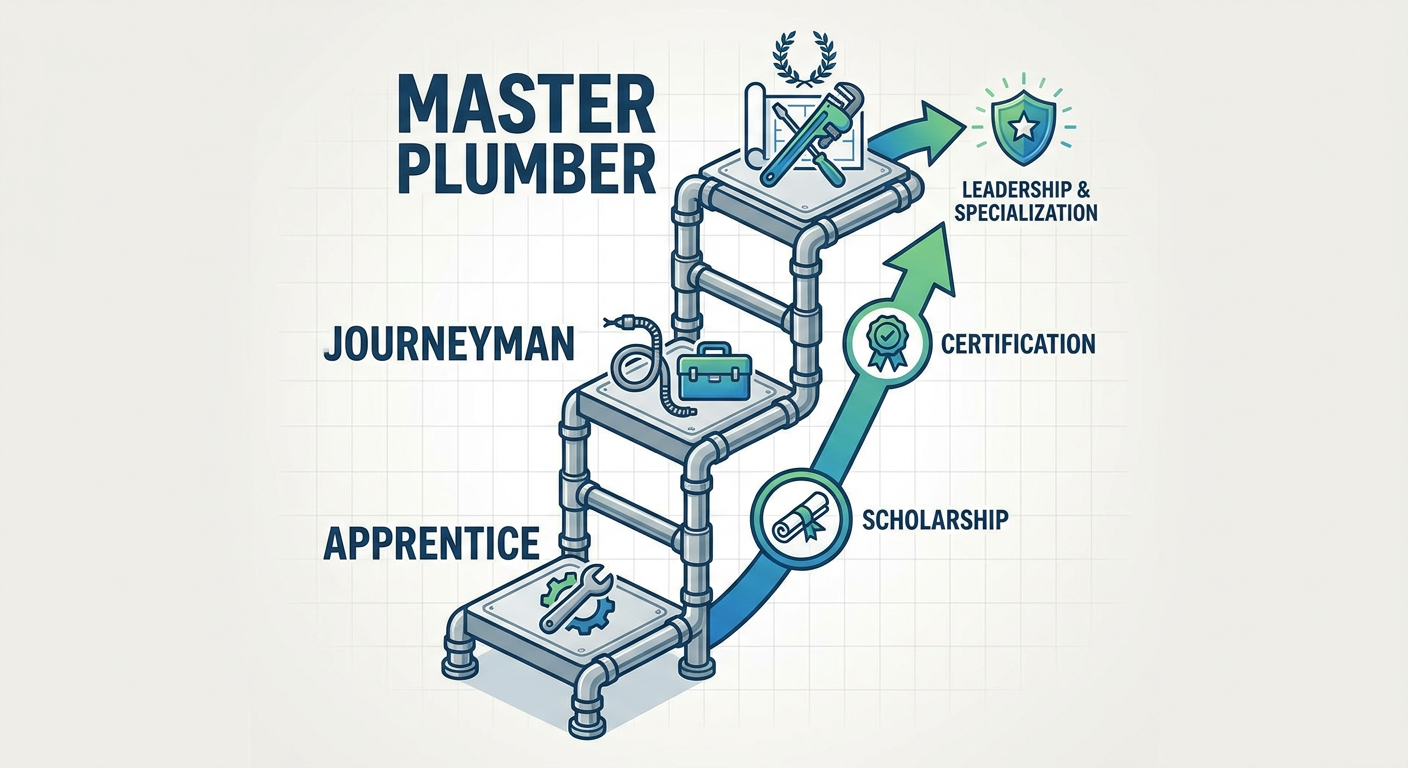The pipeline from Plumbing Apprentice to Master Plumber showing potential specialized niches