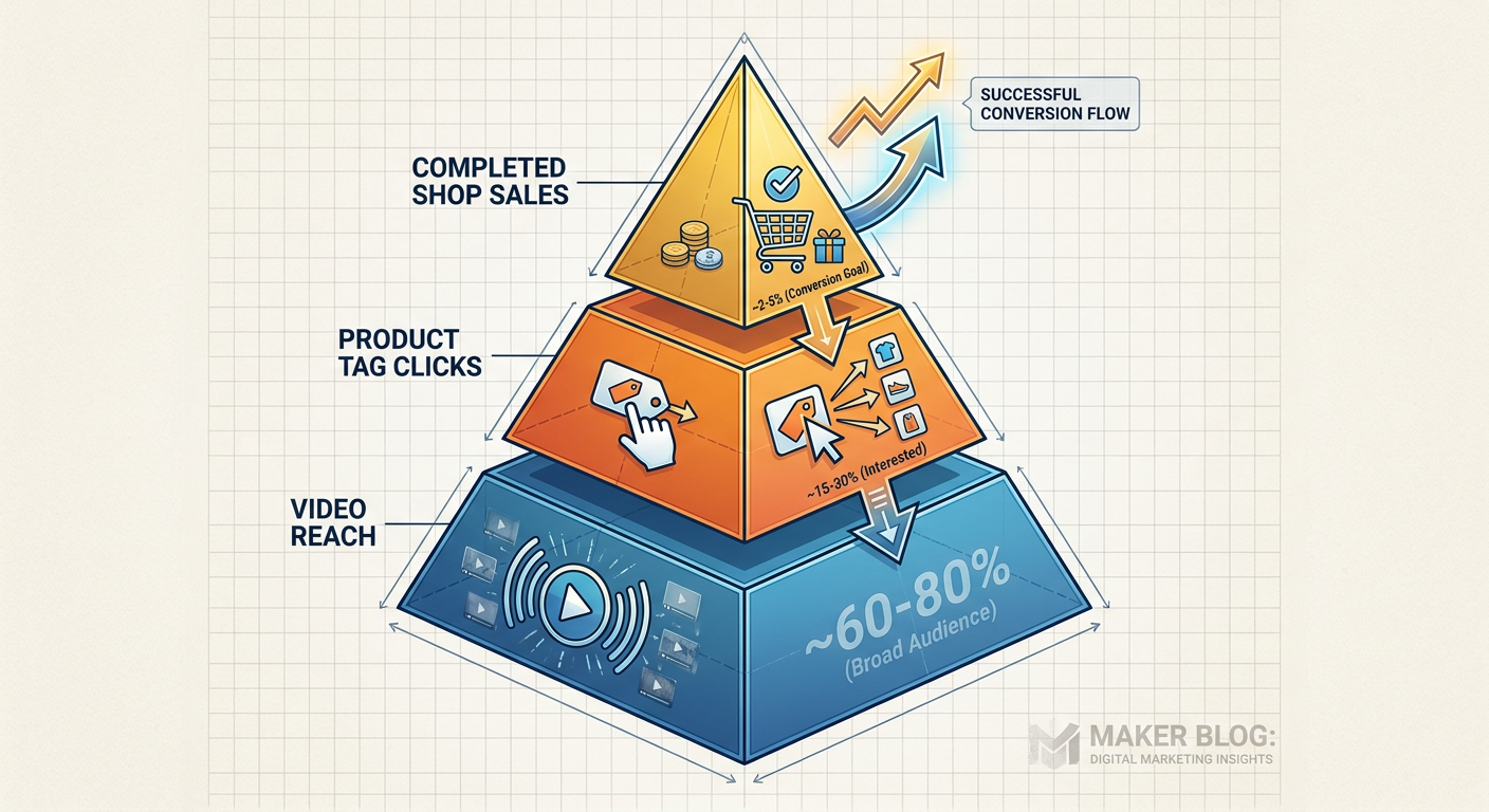 A 3-tier marketing funnel for makers: Awareness (Reels), Consideration (Stories), Conversion (Product Tags)