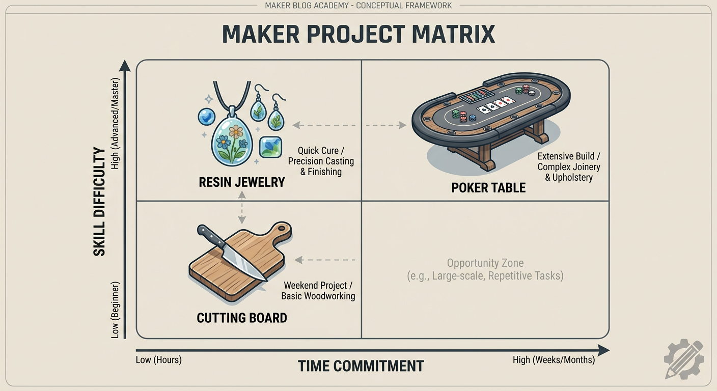 Difficulty vs. Time matrix for the Cutting Board, Poker Table, and Resin Jewelry projects