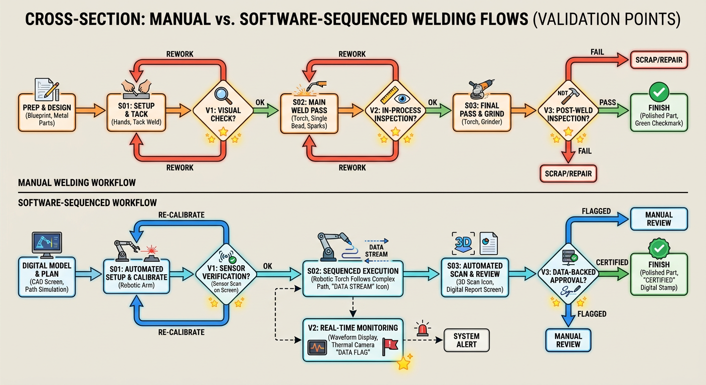 Comparison of manual vs. software-sequenced weld workflows showing efficiency gains