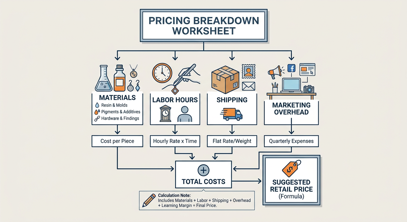 Formula for pricing handmade goods: (Materials + Labor) x 2 = Wholesale; Wholesale x 2 = Retail