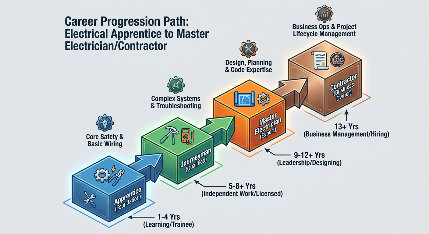 Career progression path from Electrical Apprentice to Master Electrician/Contractor