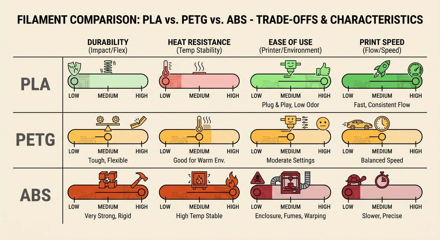 Comparison chart between PLA, PETG, and ABS across four categories: Strength, Ease of Use, Heat Resistance, and Print Speed