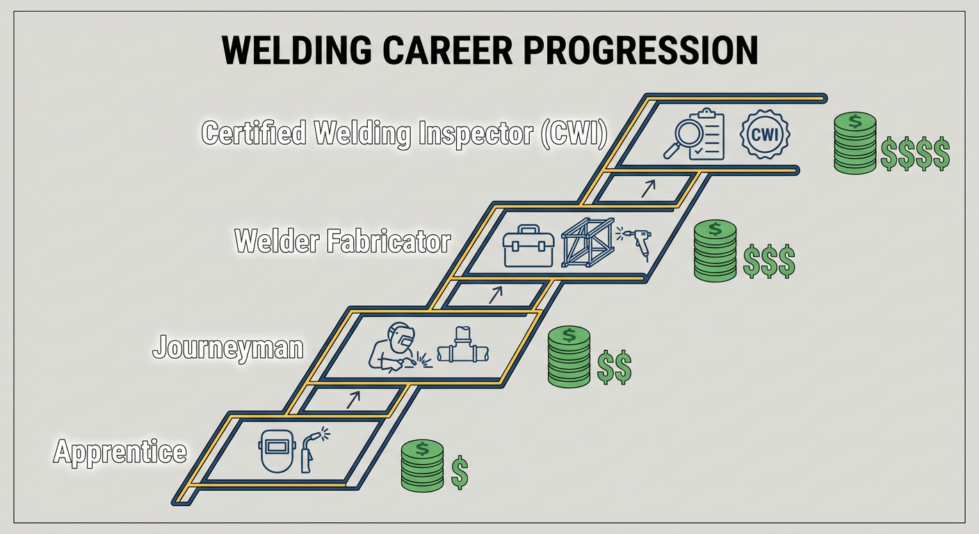 Career progression flowchart from Apprentice Welder to Certified Welding Inspector (CWI), showing salary increases and required certifications