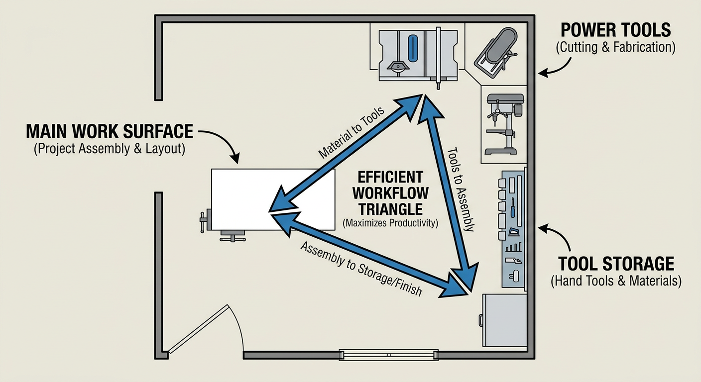 Efficient workshop layout showing the 'Work Triangle' between the Workbench, Table Saw, and Dust Collection