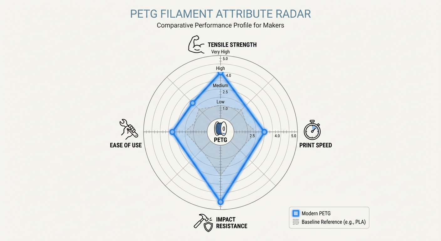 Comparison chart of PETG properties - Strength vs. Print Speed vs. Heat Resistance
