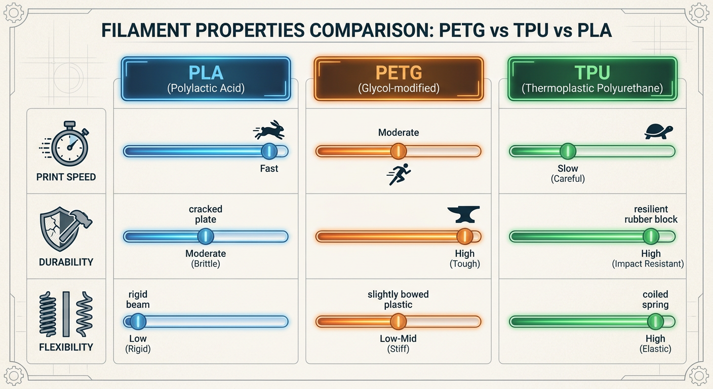 Comparison chart of PETG vs TPU vs PLA showing Print Speed, Durability, and Flexibility ratings